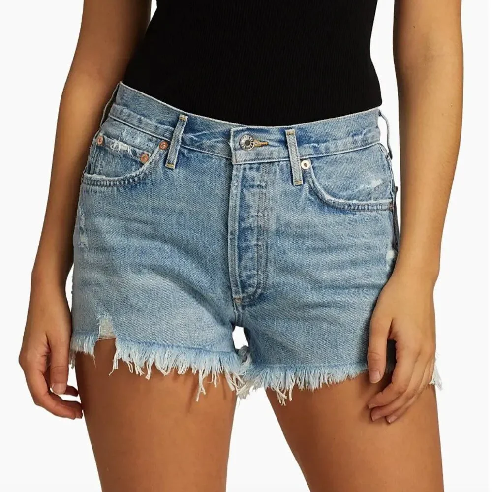 AGOLDE Women's Parker Long High Waisted Denim Distress Shorts Size 33